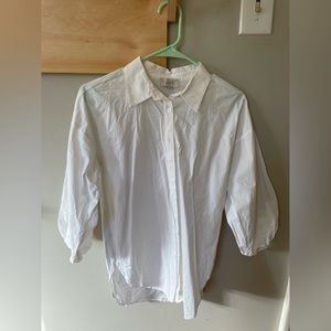Loft Outlet White Button Up Puff Sleeve Curved Hem Collared Shirt